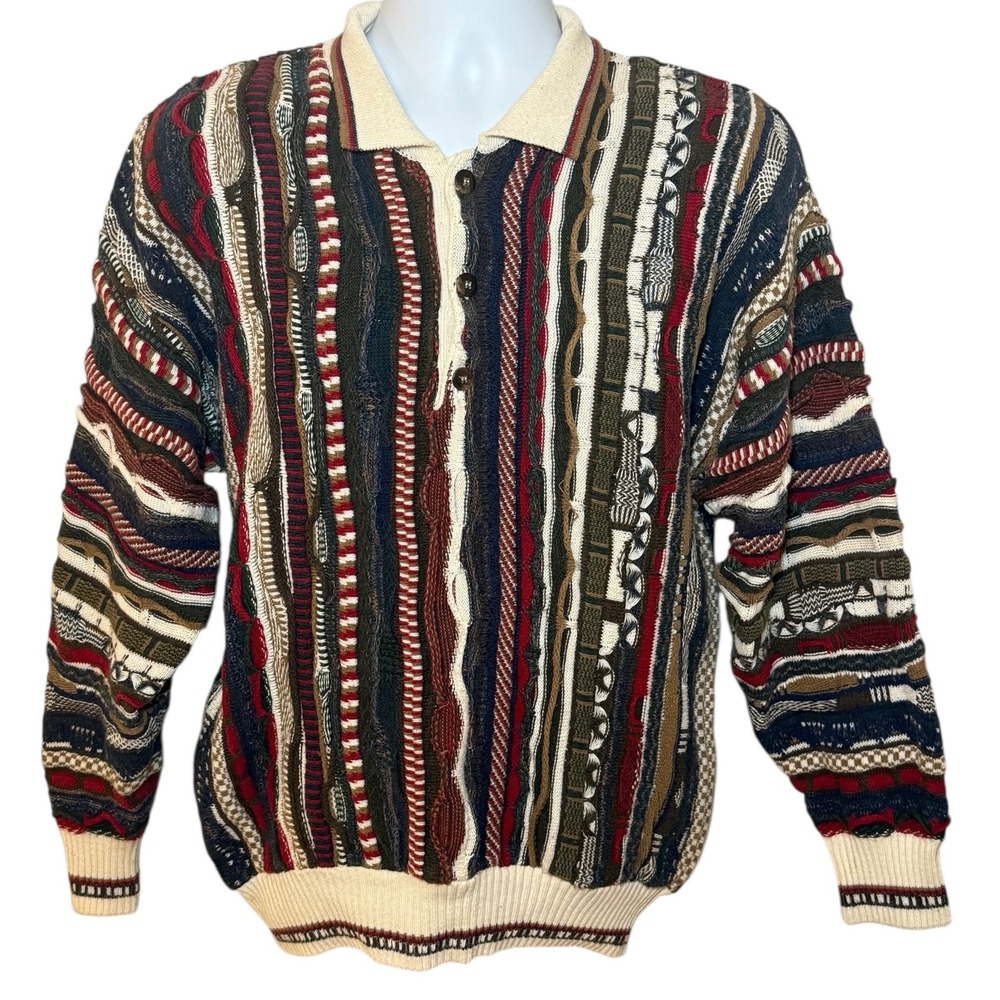 Alfani Mens Small 3D Textured Knit Polo Sweater Vintage Coogi Style Multi Color